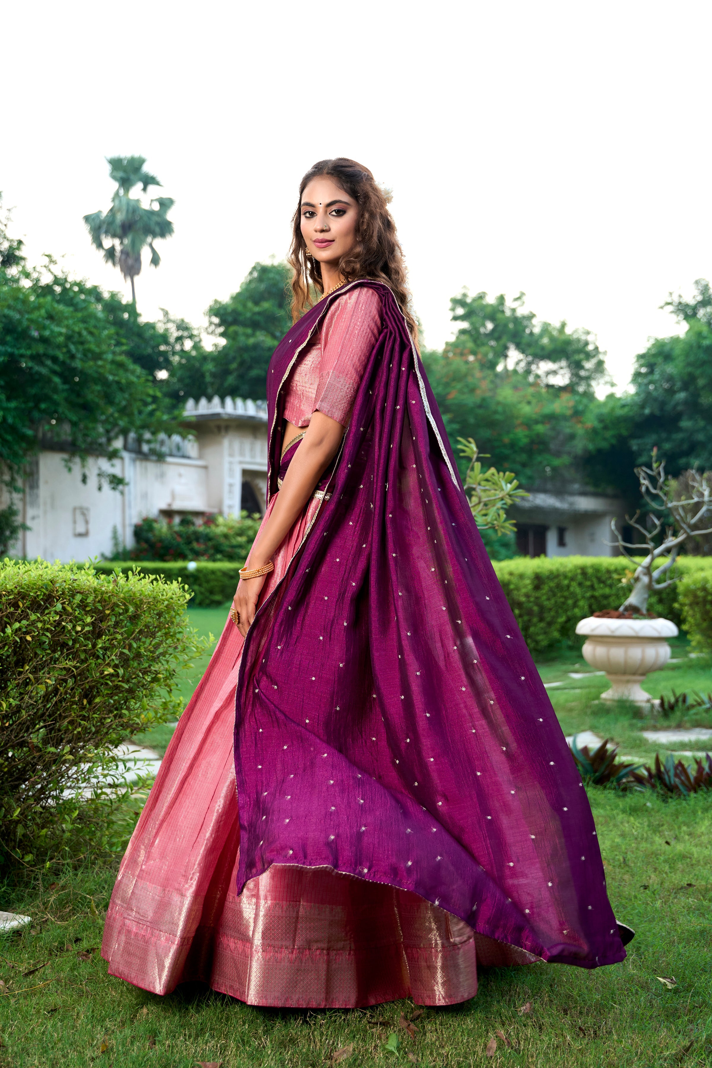 Lorenvalley Pink Kanchipuram Zari Weaving Work Lehenga Choli with Dupatta | Grocsy