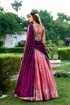 Lorenvalley Pink Kanchipuram Zari Weaving Work Lehenga Choli with Dupatta | Grocsy