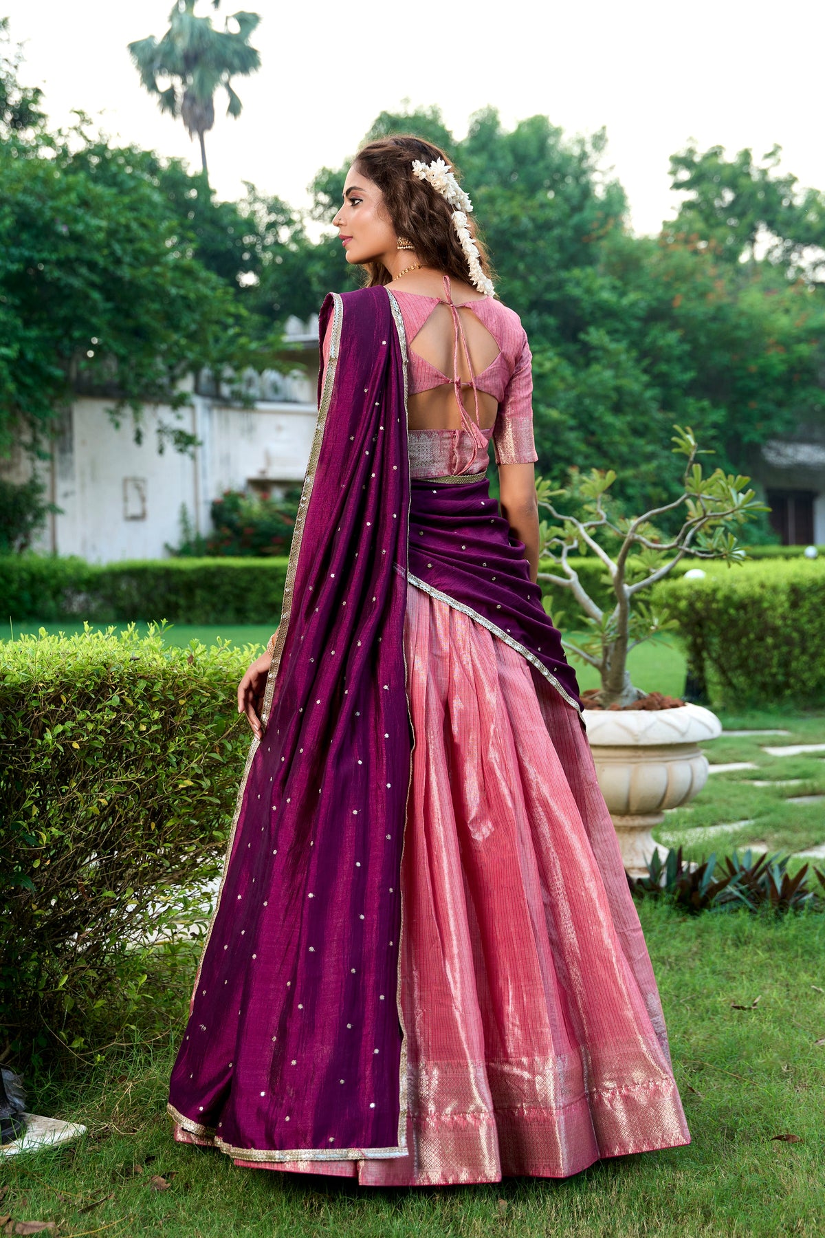 Lorenvalley Pink Kanchipuram Zari Weaving Work Lehenga Choli with Dupatta | Grocsy