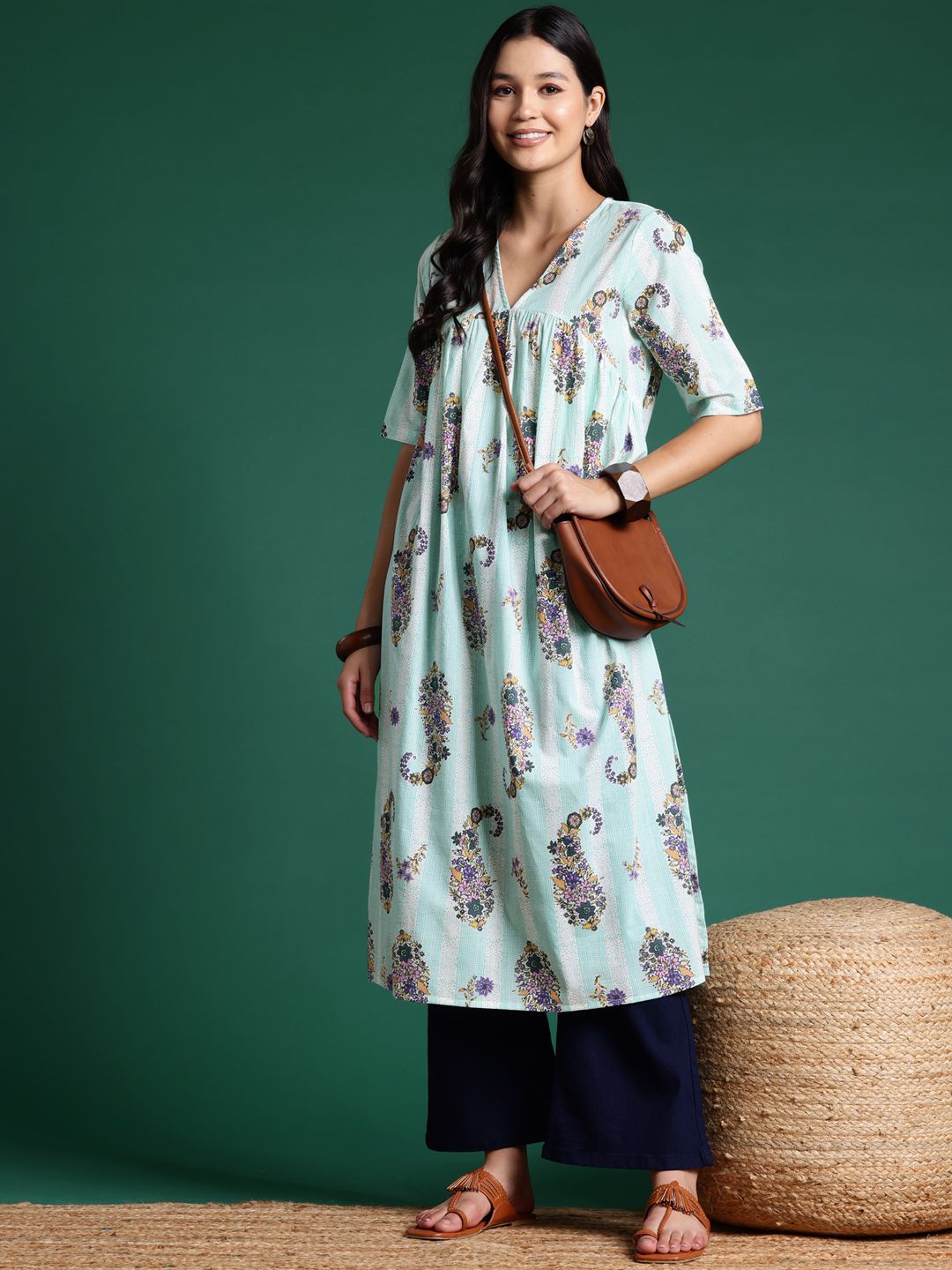 Sangria Floral Print Pleated Empire Kurta | Grocsy