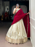 Lorenvalley Fashion Offwhite Dola Silk Zari Weaving Border Lehenga Choli with Dupatta | Grocsy