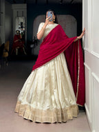 Lorenvalley Fashion Offwhite Dola Silk Zari Weaving Border Lehenga Choli with Dupatta | Grocsy