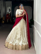Lorenvalley Fashion Offwhite Dola Silk Zari Weaving Border Lehenga Choli with Dupatta | Grocsy