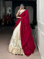 Lorenvalley Fashion Offwhite Dola Silk Zari Weaving Border Lehenga Choli with Dupatta | Grocsy