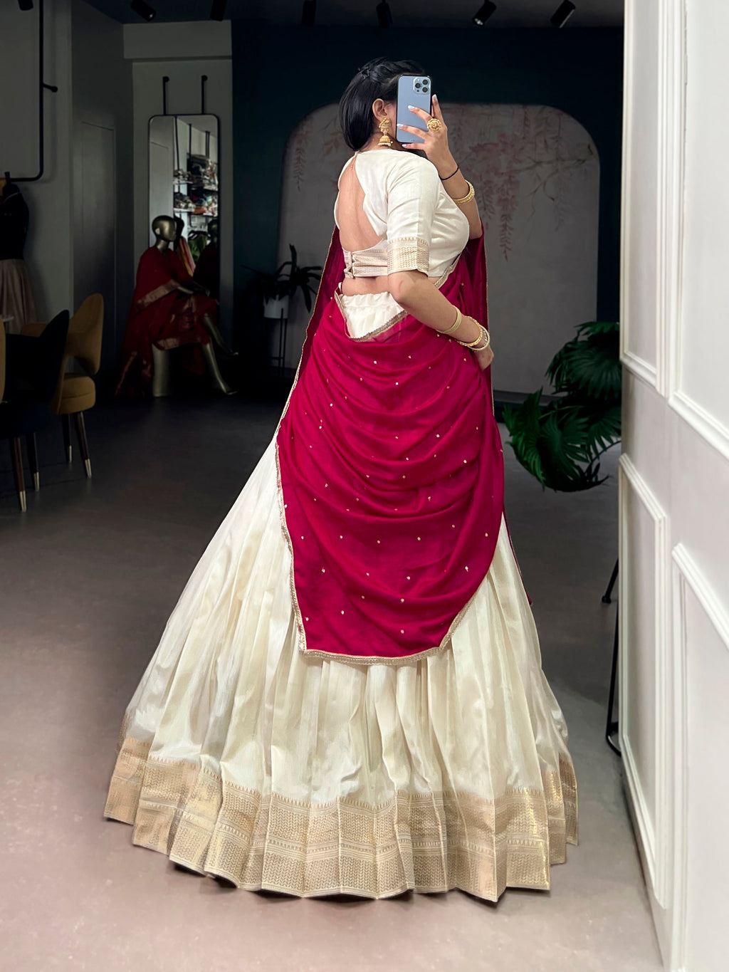 Lorenvalley Fashion Offwhite Dola Silk Zari Weaving Border Lehenga Choli with Dupatta | Grocsy