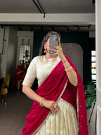 Lorenvalley Fashion Offwhite Dola Silk Zari Weaving Border Lehenga Choli with Dupatta | Grocsy