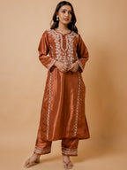 HOUSE OF KARI Floral Embroidered Silk Chikankari Kurta | Grocsy
