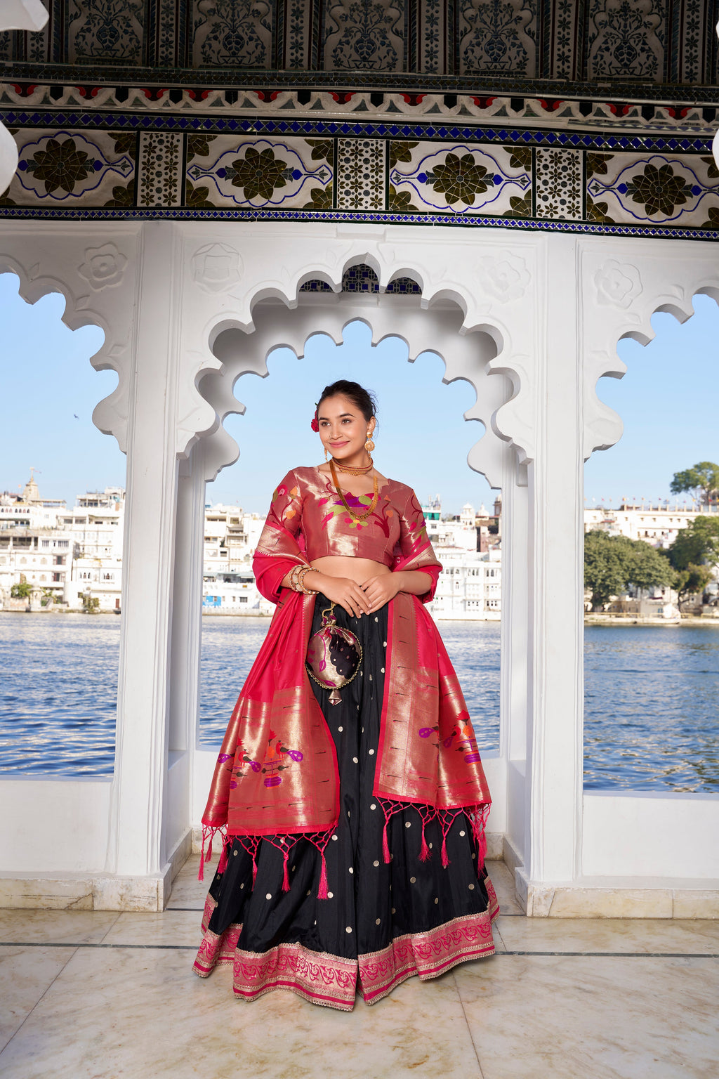 Lorenvalley Black Jacquard Silk Paithani Weaving Zari Work with Lace Touch Up Lehenga Choli with Dupatta | Grocsy