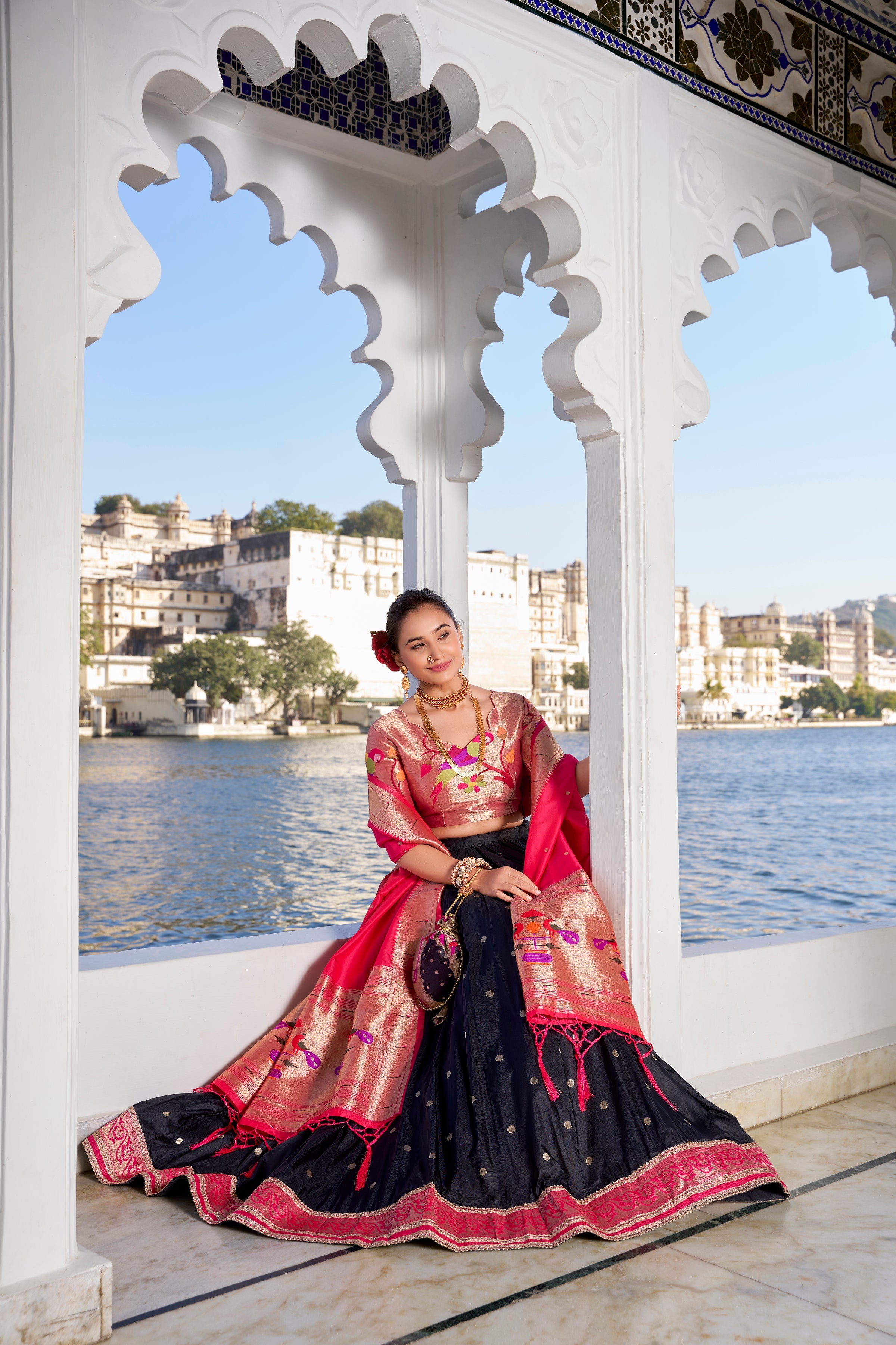 Lorenvalley Black Jacquard Silk Paithani Weaving Zari Work with Lace Touch Up Lehenga Choli with Dupatta | Grocsy