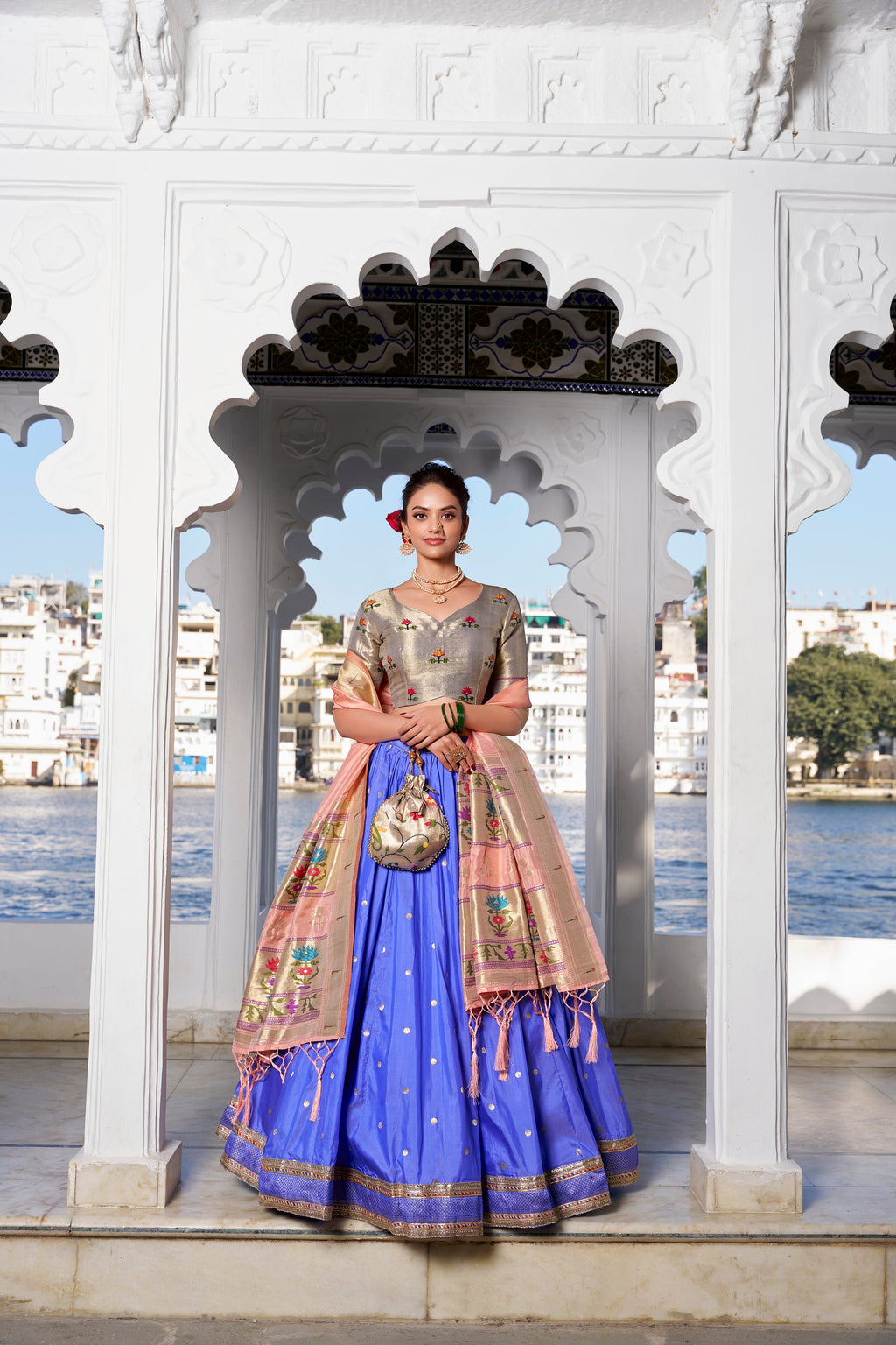 Lorenvalley Blue Jacquard Silk Paithani Weaving Zari Work with Lace Touch Up Lehenga Choli with Dupatta | Grocsy