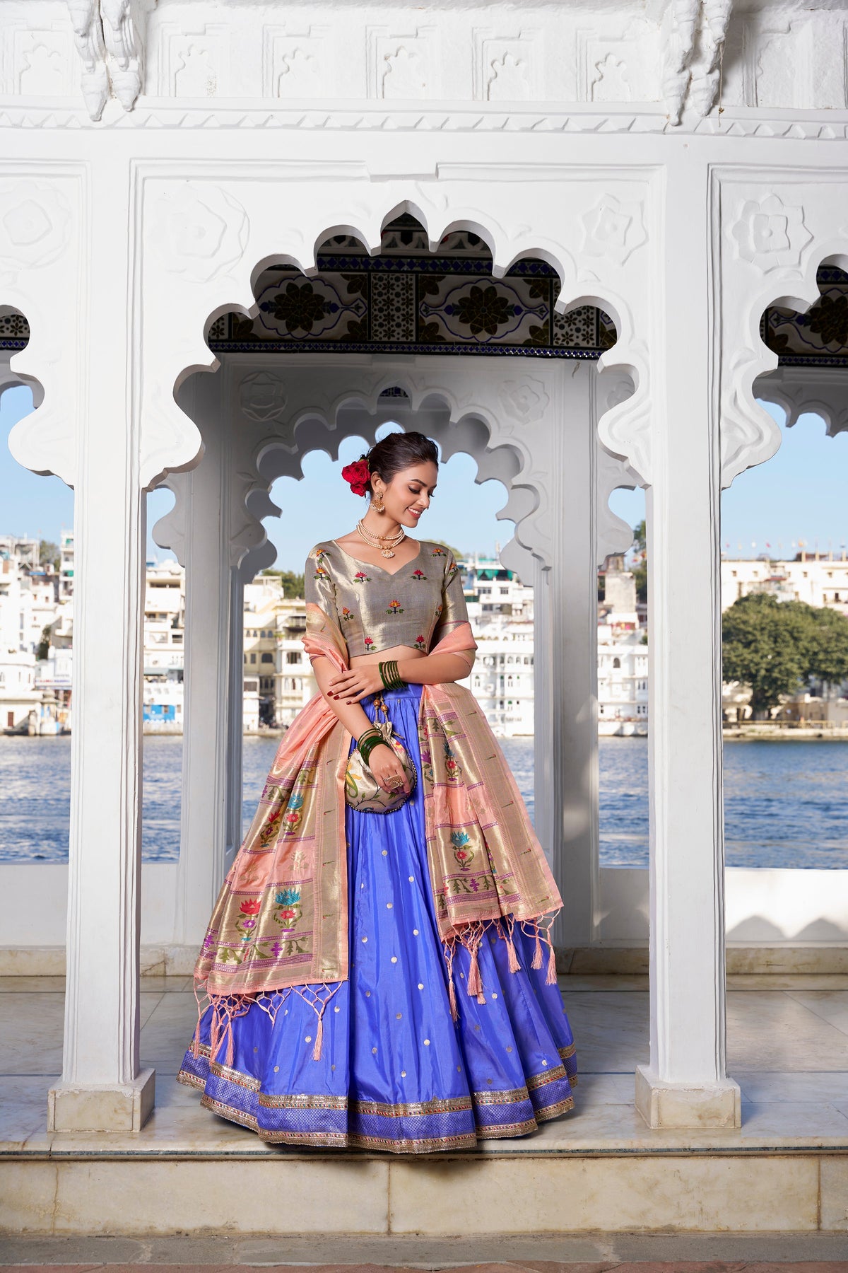 Lorenvalley Blue Jacquard Silk Paithani Weaving Zari Work with Lace Touch Up Lehenga Choli with Dupatta | Grocsy