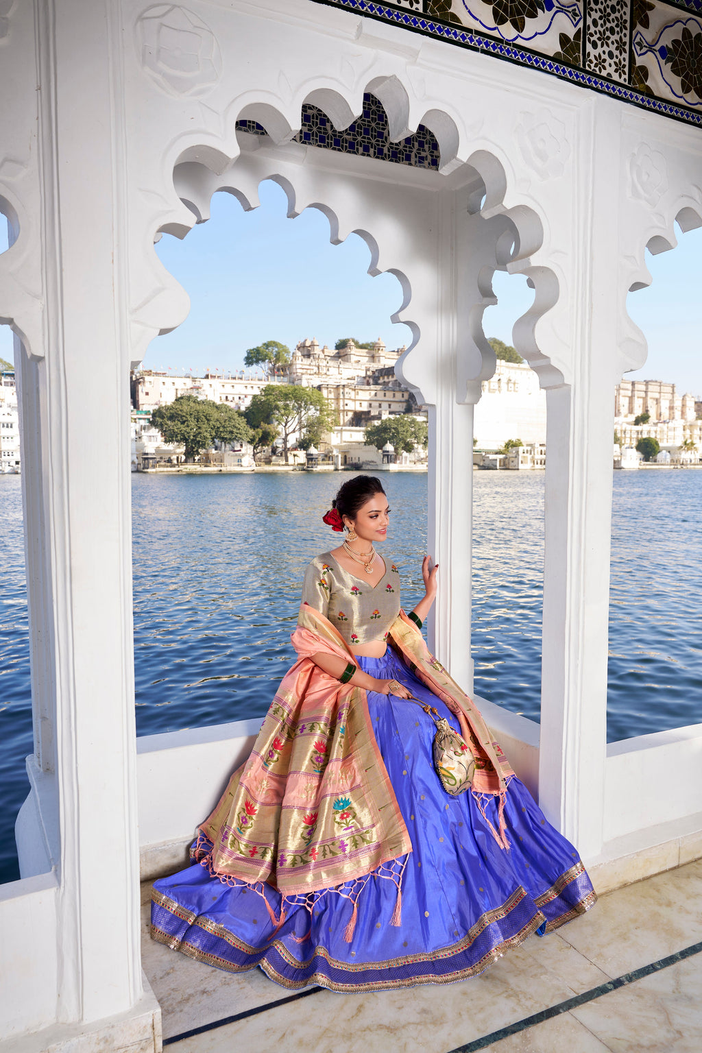 Lorenvalley Blue Jacquard Silk Paithani Weaving Zari Work with Lace Touch Up Lehenga Choli with Dupatta | Grocsy