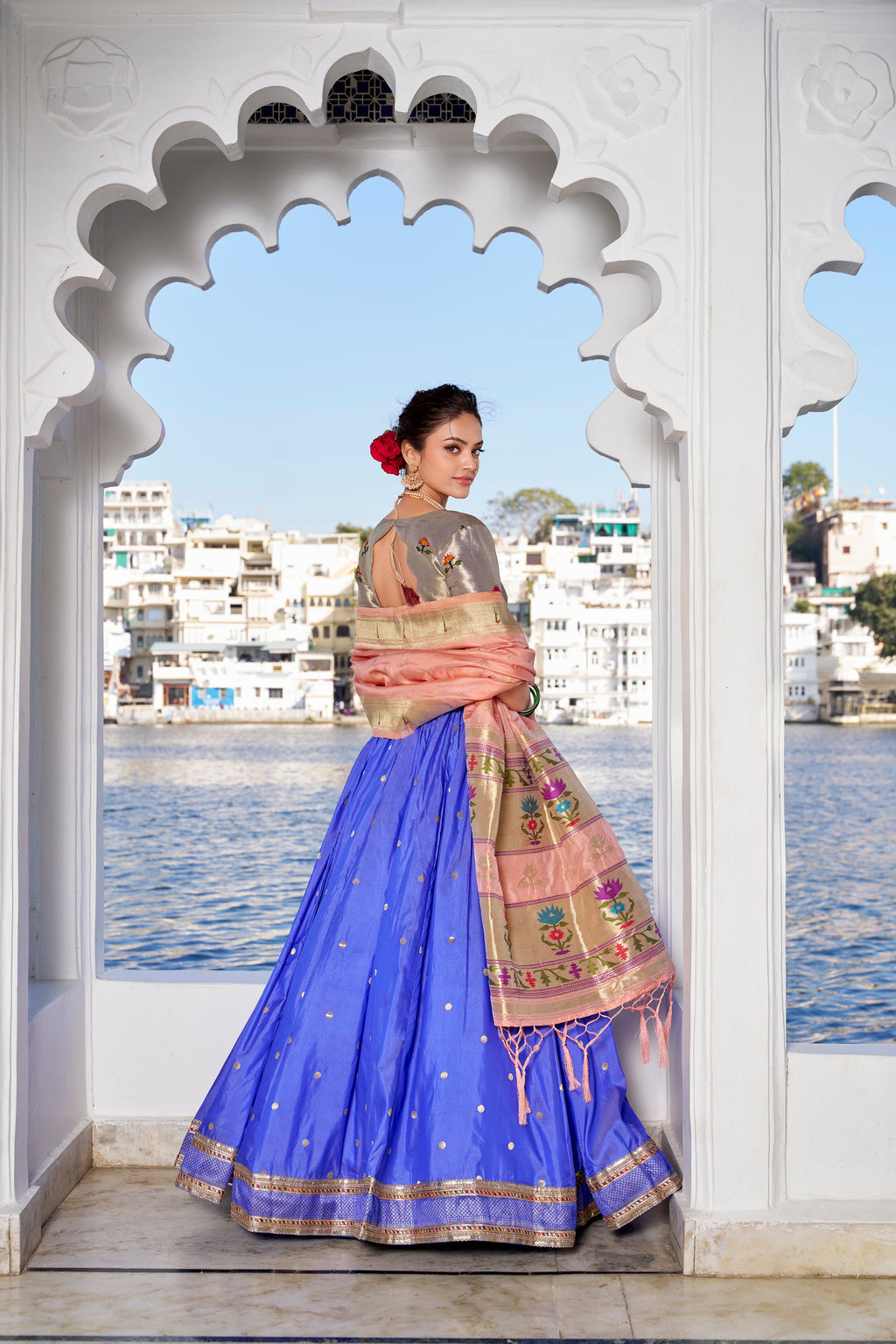 Lorenvalley Blue Jacquard Silk Paithani Weaving Zari Work with Lace Touch Up Lehenga Choli with Dupatta | Grocsy