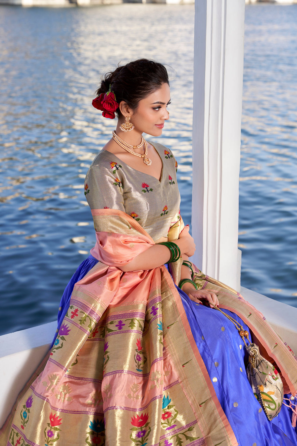 Lorenvalley Blue Jacquard Silk Paithani Weaving Zari Work with Lace Touch Up Lehenga Choli with Dupatta | Grocsy