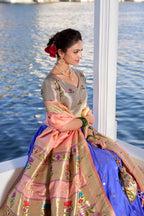 Lorenvalley Blue Jacquard Silk Paithani Weaving Zari Work with Lace Touch Up Lehenga Choli with Dupatta | Grocsy