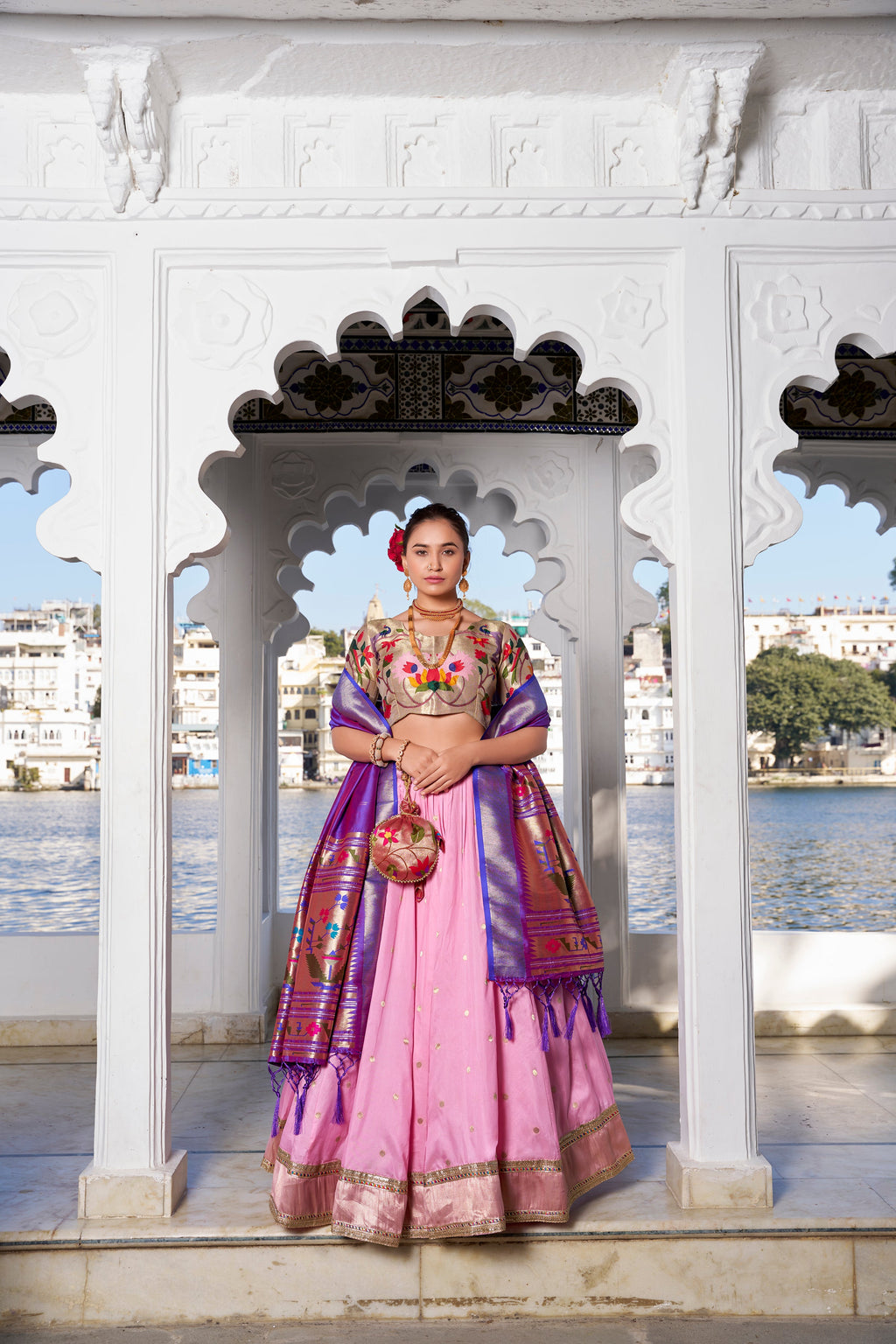 Lorenvalley Pink Jacquard Silk Paithani Weaving Zari Work with Lace Touch Up Lehenga Choli with Dupatta | Grocsy
