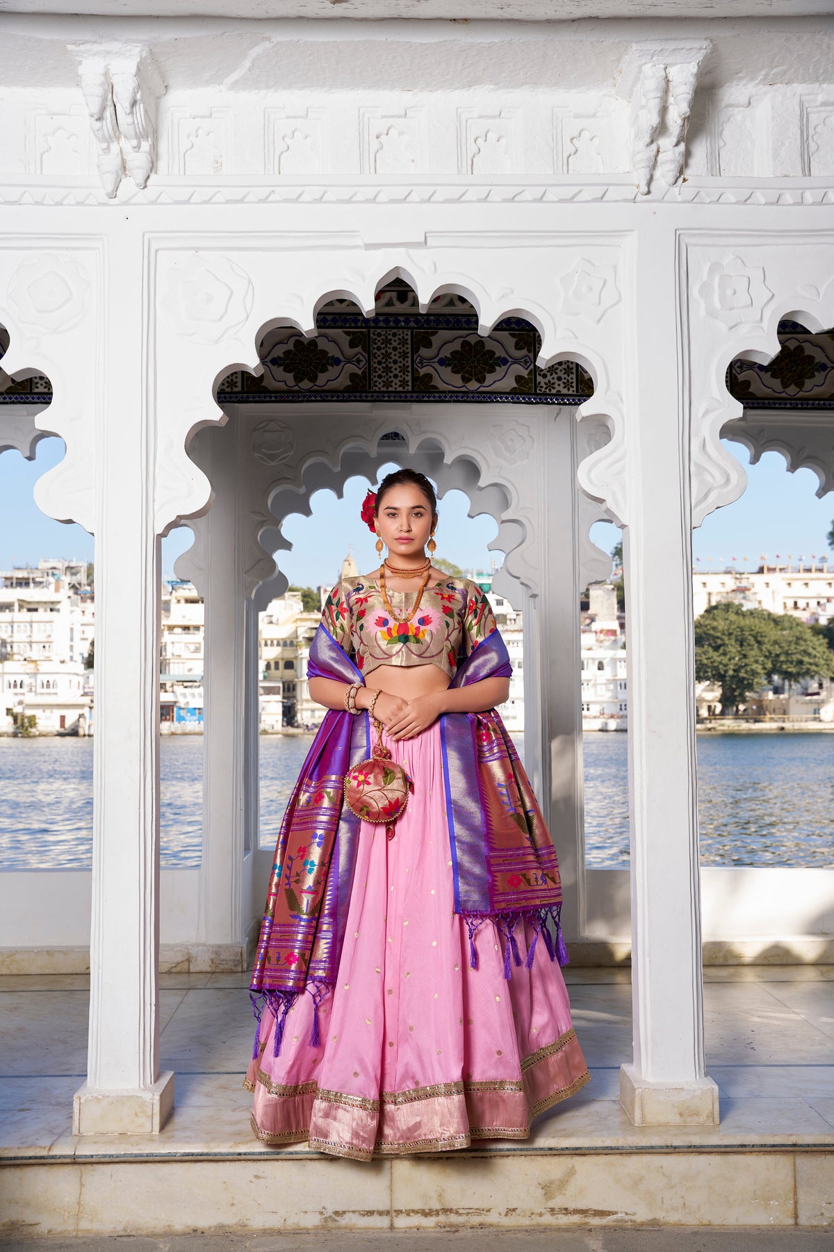 Lorenvalley Pink Jacquard Silk Paithani Weaving Zari Work with Lace Touch Up Lehenga Choli with Dupatta | Grocsy