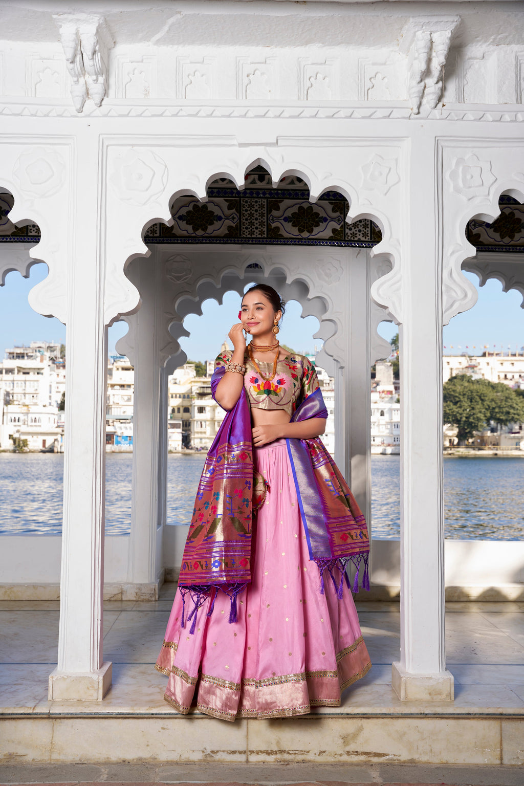 Lorenvalley Pink Jacquard Silk Paithani Weaving Zari Work with Lace Touch Up Lehenga Choli with Dupatta | Grocsy