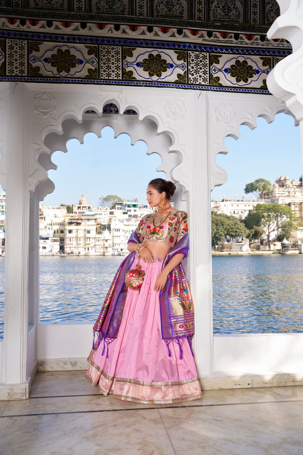 Lorenvalley Pink Jacquard Silk Paithani Weaving Zari Work with Lace Touch Up Lehenga Choli with Dupatta | Grocsy