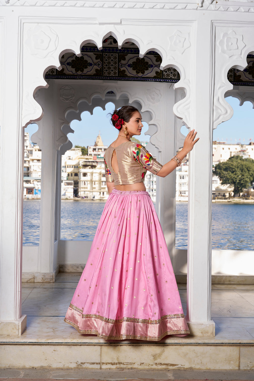 Lorenvalley Pink Jacquard Silk Paithani Weaving Zari Work with Lace Touch Up Lehenga Choli with Dupatta | Grocsy