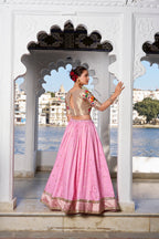 Lorenvalley Pink Jacquard Silk Paithani Weaving Zari Work with Lace Touch Up Lehenga Choli with Dupatta | Grocsy