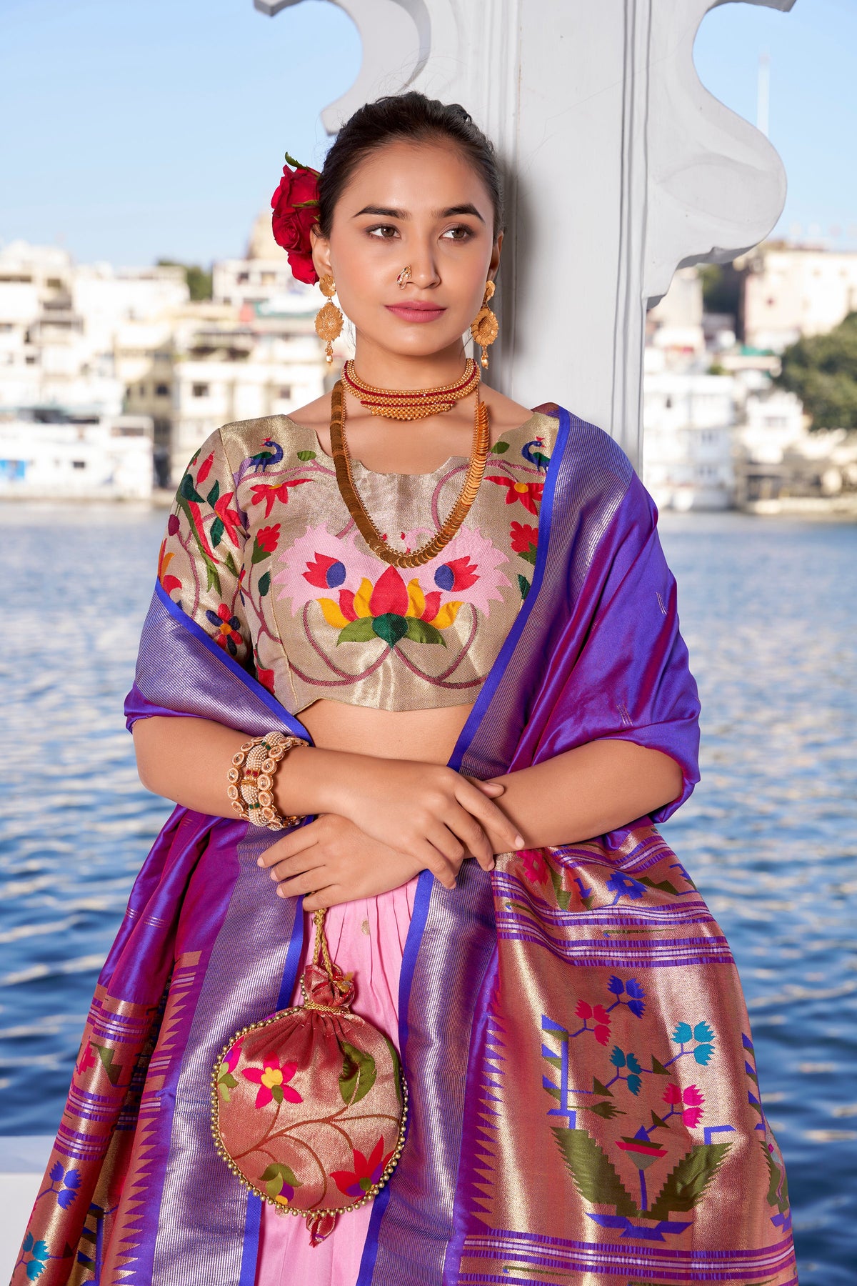 Lorenvalley Pink Jacquard Silk Paithani Weaving Zari Work with Lace Touch Up Lehenga Choli with Dupatta | Grocsy