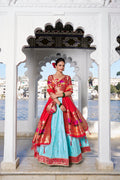 Lorenvalley Sky Blue Jacquard Silk Paithani Weaving Zari Work with Lace Touch Up Lehenga Choli with Dupatta | Grocsy