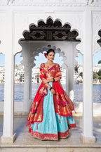 Lorenvalley Sky Blue Jacquard Silk Paithani Weaving Zari Work with Lace Touch Up Lehenga Choli with Dupatta | Grocsy