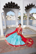 Lorenvalley Sky Blue Jacquard Silk Paithani Weaving Zari Work with Lace Touch Up Lehenga Choli with Dupatta | Grocsy