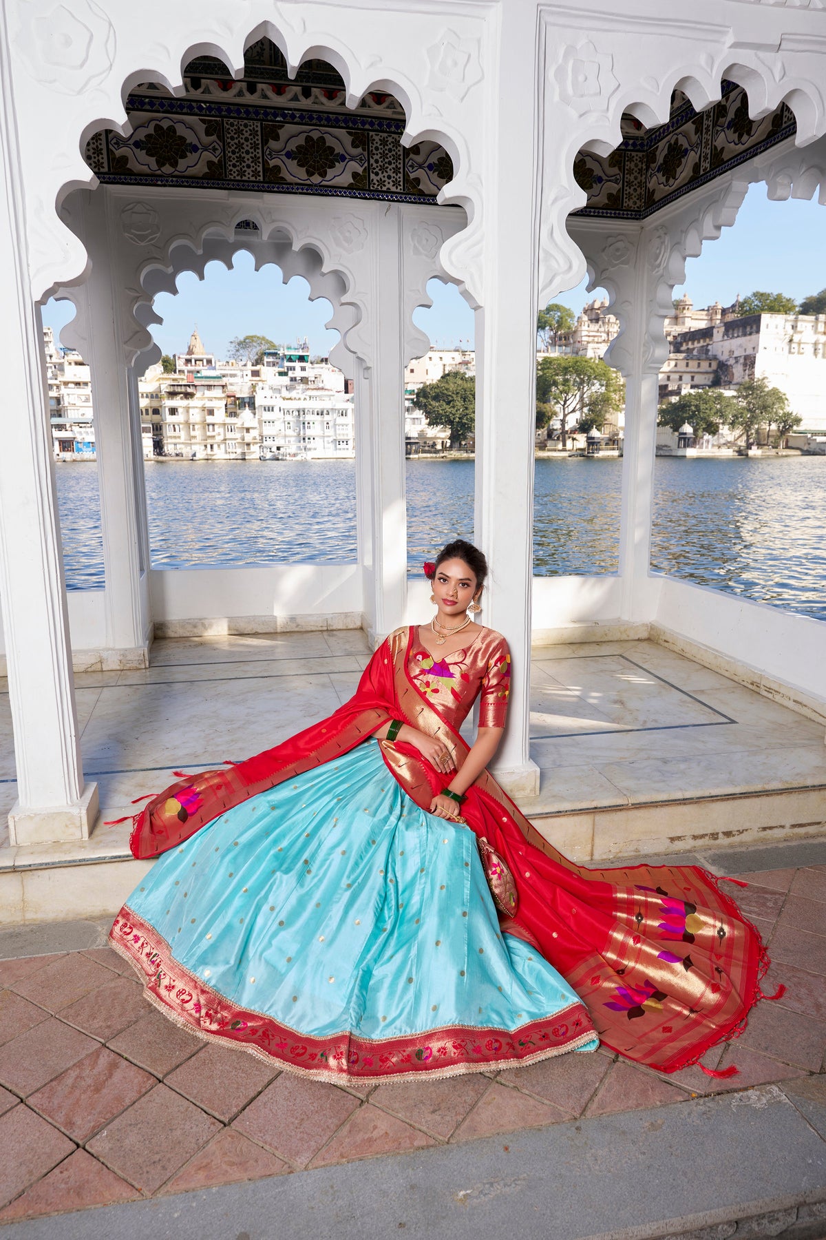Lorenvalley Sky Blue Jacquard Silk Paithani Weaving Zari Work with Lace Touch Up Lehenga Choli with Dupatta | Grocsy