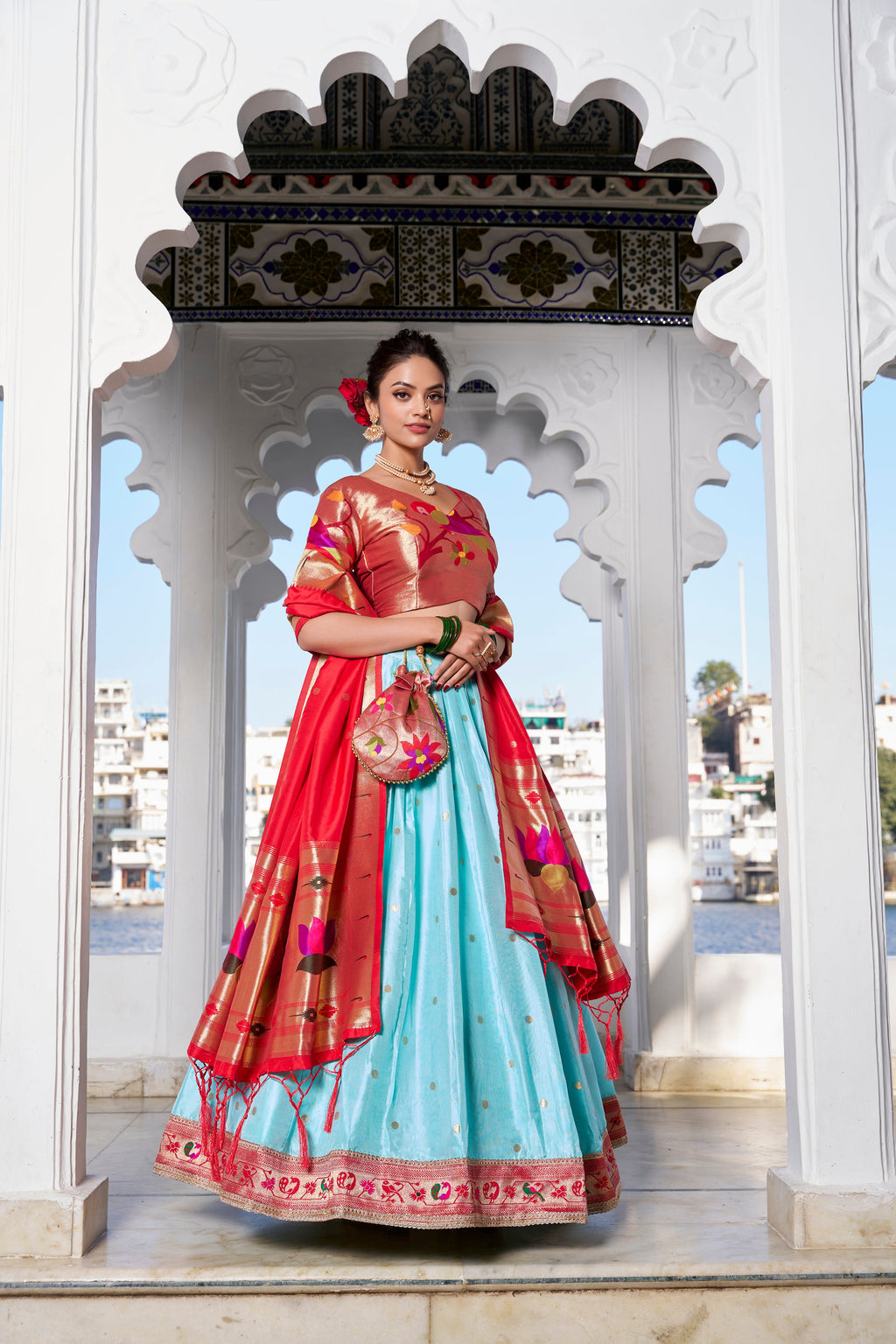 Lorenvalley Sky Blue Jacquard Silk Paithani Weaving Zari Work with Lace Touch Up Lehenga Choli with Dupatta | Grocsy