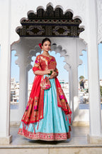 Lorenvalley Sky Blue Jacquard Silk Paithani Weaving Zari Work with Lace Touch Up Lehenga Choli with Dupatta | Grocsy