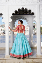Lorenvalley Sky Blue Jacquard Silk Paithani Weaving Zari Work with Lace Touch Up Lehenga Choli with Dupatta | Grocsy