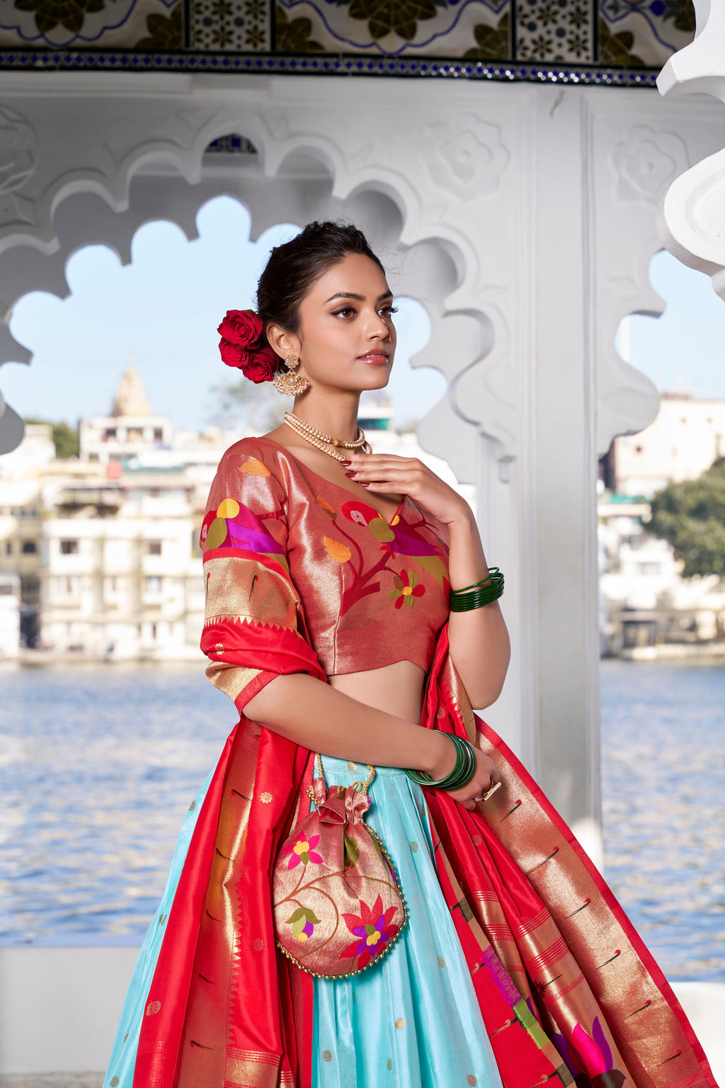 Lorenvalley Sky Blue Jacquard Silk Paithani Weaving Zari Work with Lace Touch Up Lehenga Choli with Dupatta | Grocsy