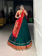 Lorenvalley Fashion Green Vichitra Silk Zari Weaving With Lace Border Lehenga Choli with Dupatta | Grocsy