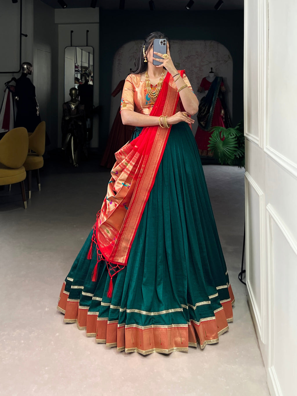 Lorenvalley Fashion Green Vichitra Silk Zari Weaving With Lace Border Lehenga Choli with Dupatta | Grocsy
