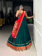 Lorenvalley Fashion Green Vichitra Silk Zari Weaving With Lace Border Lehenga Choli with Dupatta | Grocsy