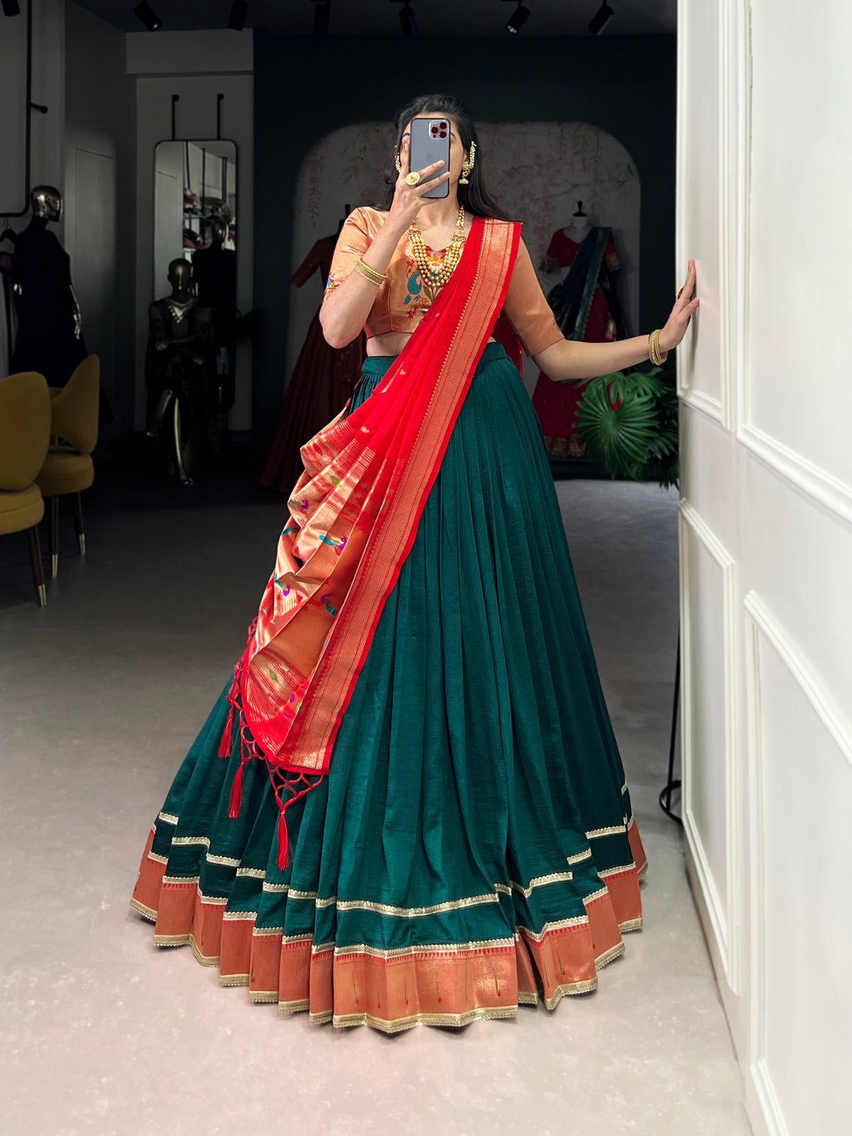 Lorenvalley Fashion Green Vichitra Silk Zari Weaving With Lace Border Lehenga Choli with Dupatta | Grocsy