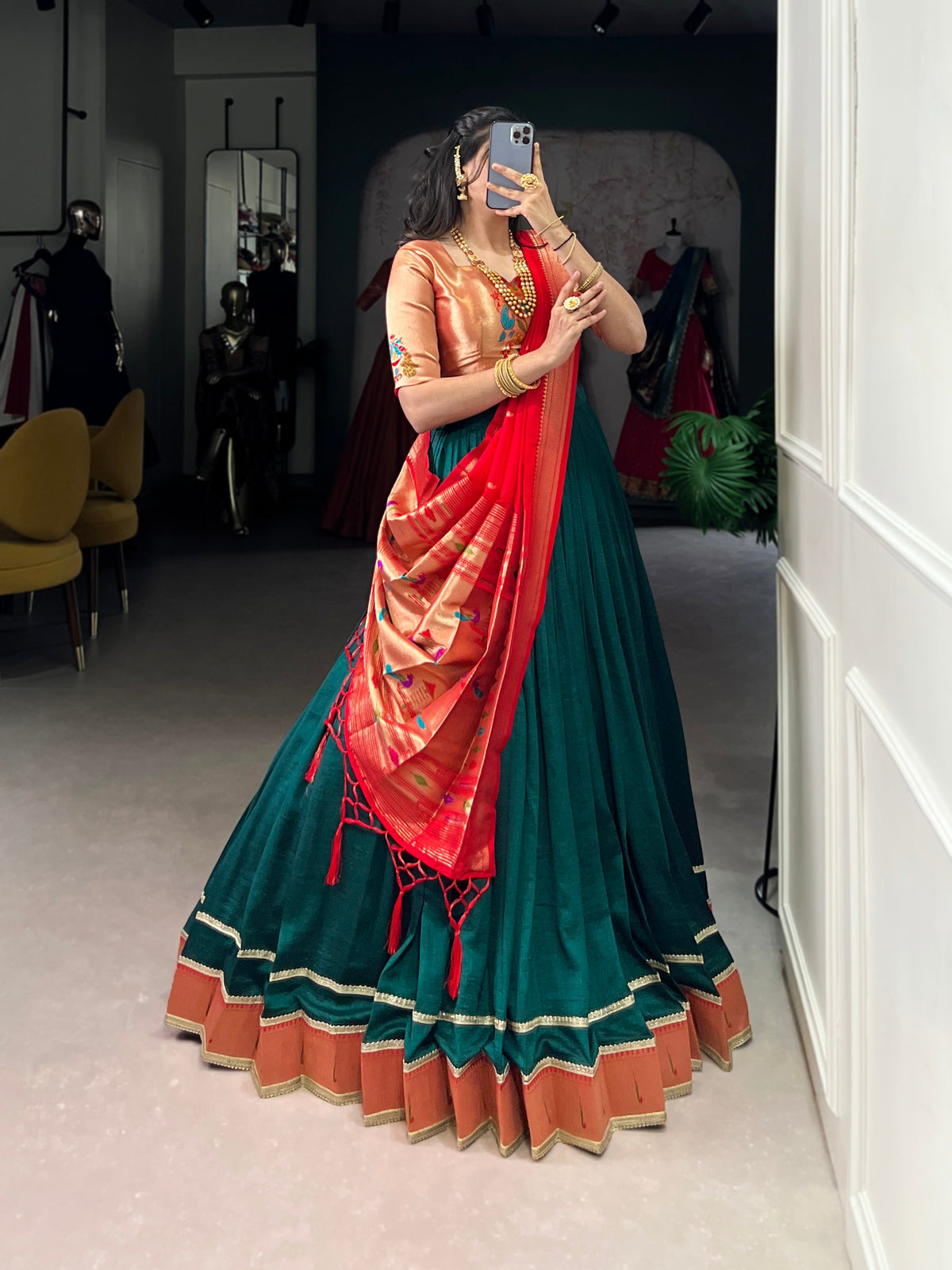 Lorenvalley Fashion Green Vichitra Silk Zari Weaving With Lace Border Lehenga Choli with Dupatta | Grocsy