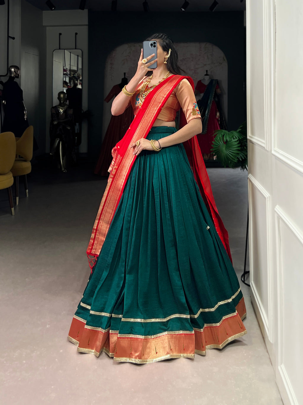 Lorenvalley Fashion Green Vichitra Silk Zari Weaving With Lace Border Lehenga Choli with Dupatta | Grocsy