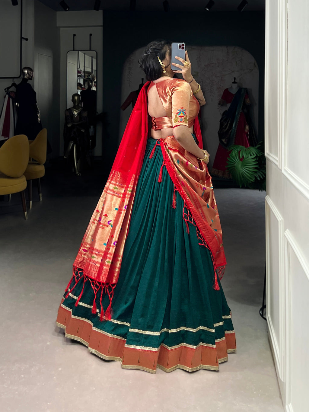 Lorenvalley Fashion Green Vichitra Silk Zari Weaving With Lace Border Lehenga Choli with Dupatta | Grocsy