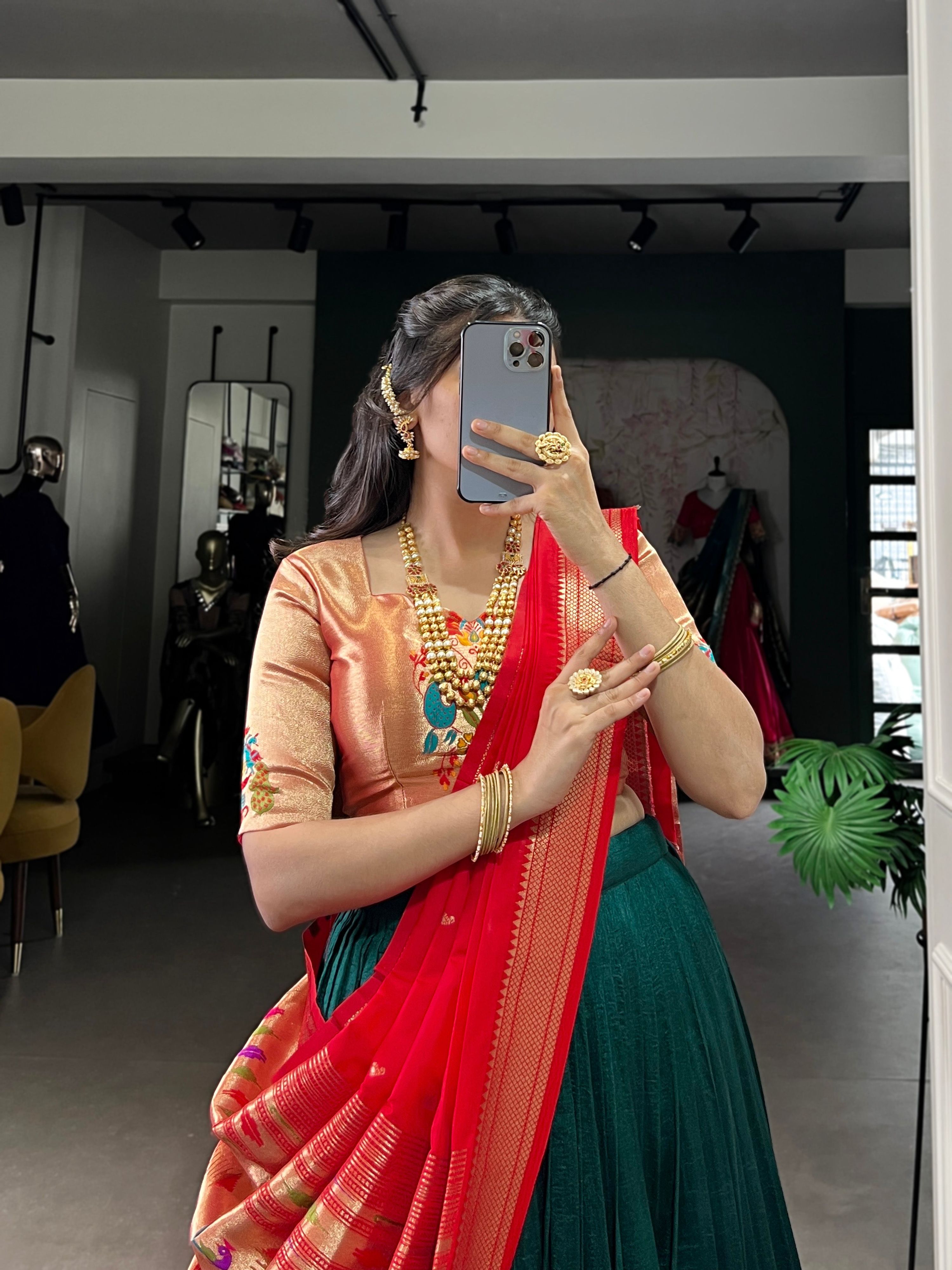 Lorenvalley Fashion Green Vichitra Silk Zari Weaving With Lace Border Lehenga Choli with Dupatta | Grocsy