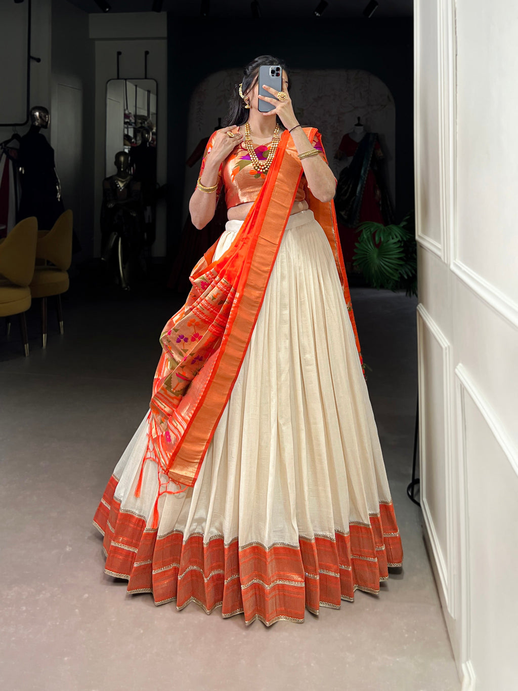 Lorenvalley Fashion Off White Vichitra Silk Zari Weaving With Lace Border Lehenga Choli with Dupatta | Grocsy