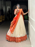 Lorenvalley Fashion Off White Vichitra Silk Zari Weaving With Lace Border Lehenga Choli with Dupatta | Grocsy