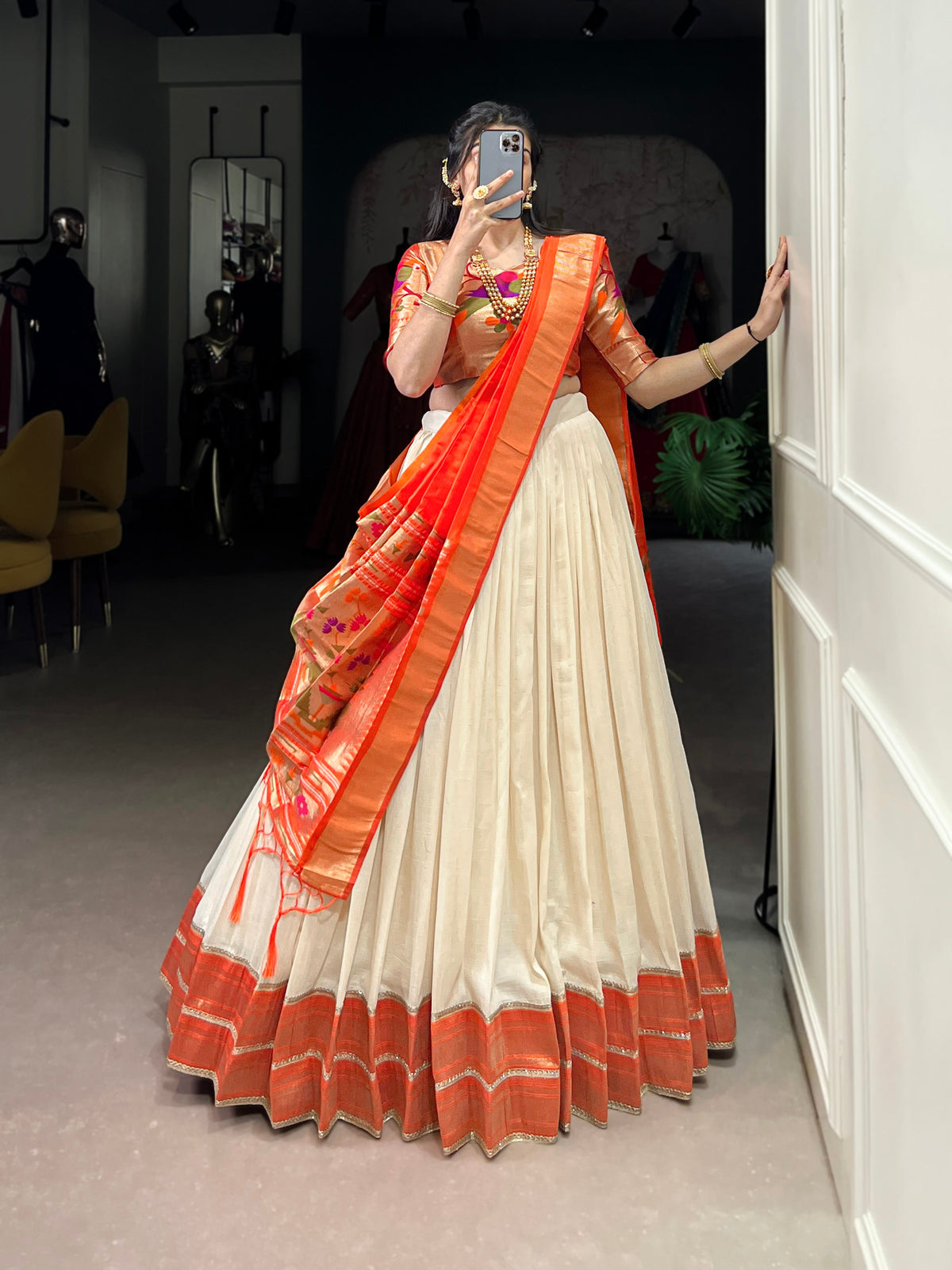 Lorenvalley Fashion Off White Vichitra Silk Zari Weaving With Lace Border Lehenga Choli with Dupatta | Grocsy