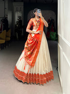 Lorenvalley Fashion Off White Vichitra Silk Zari Weaving With Lace Border Lehenga Choli with Dupatta | Grocsy