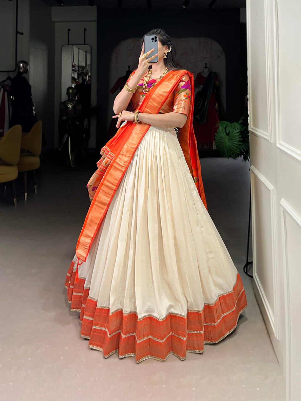 Lorenvalley Fashion Off White Vichitra Silk Zari Weaving With Lace Border Lehenga Choli with Dupatta | Grocsy
