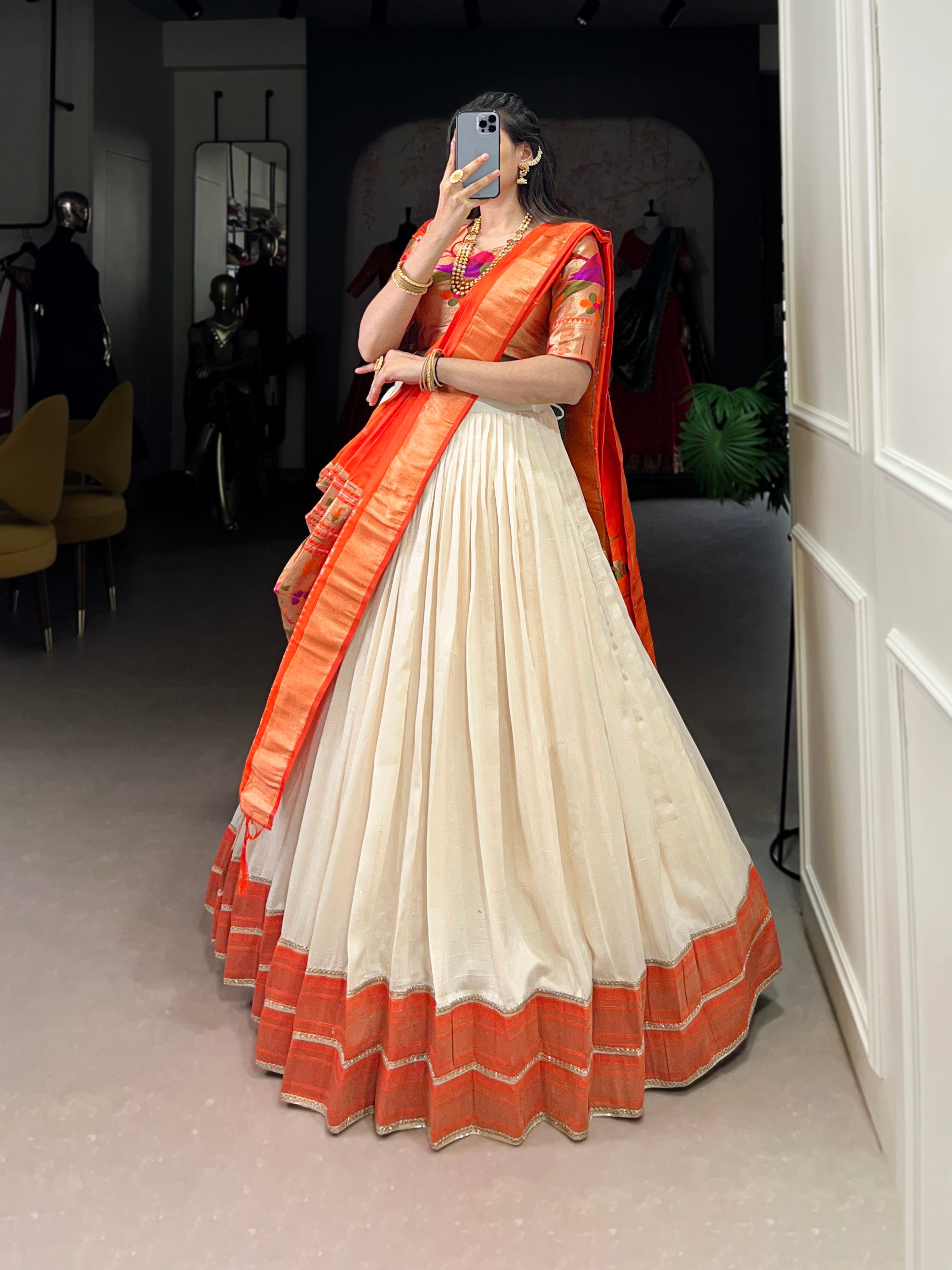 Lorenvalley Fashion Off White Vichitra Silk Zari Weaving With Lace Border Lehenga Choli with Dupatta | Grocsy