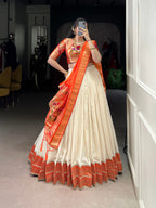 Lorenvalley Fashion Off White Vichitra Silk Zari Weaving With Lace Border Lehenga Choli with Dupatta | Grocsy