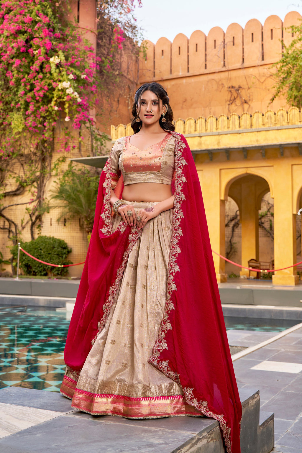Lorenvalley Fashion Cream Slub Kota Zari Weaving Work with Paithani (Jacquard) Border Lehenga Choli with Dupatta | Grocsy